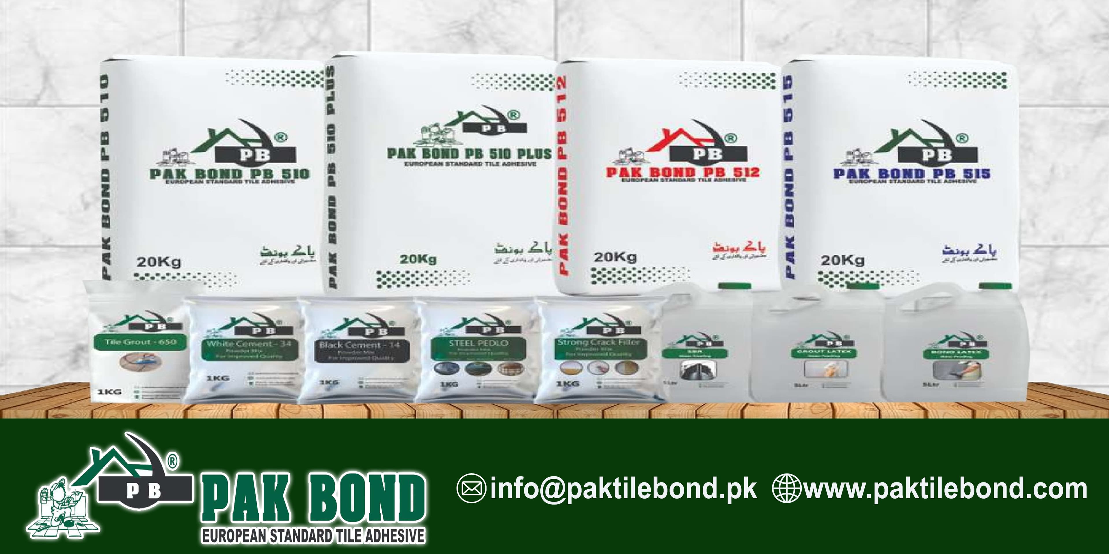 Pak Bond full product range — tile adhesives, grouts, and waterproofing